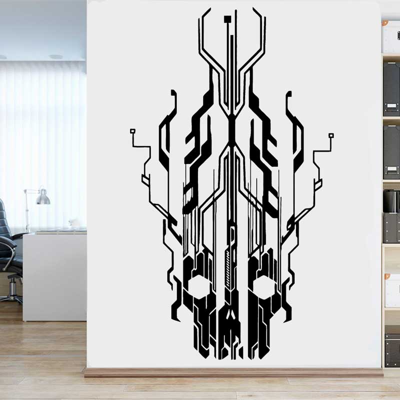 Tech Office Wall Decor - Chip Sirkuit Teknologi Tengkorak Vinil Stiker