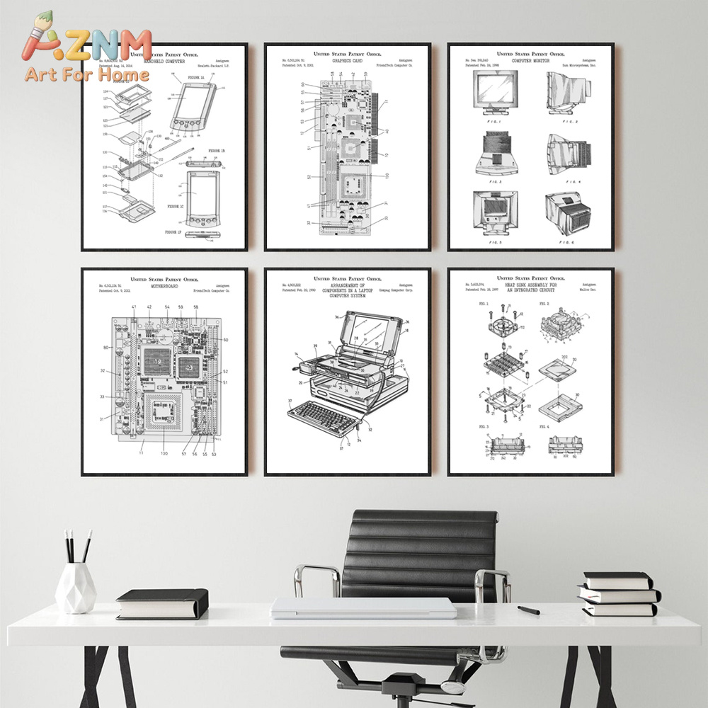 Tech Office Wall Decor - AZNM Lukisan Kanvas Paten Motherboard Komputer