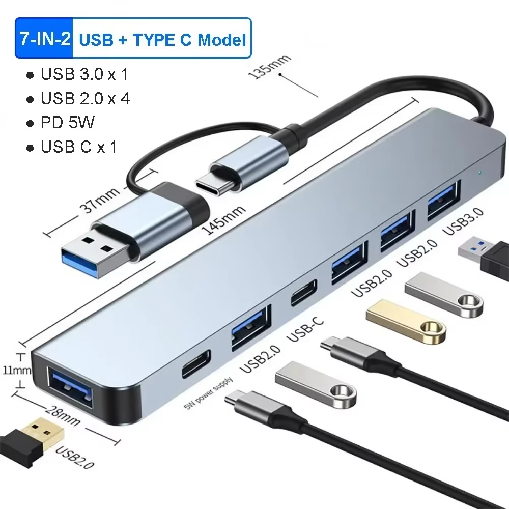 Multi Port Usb Hub - 7 in 2 USB C Hub