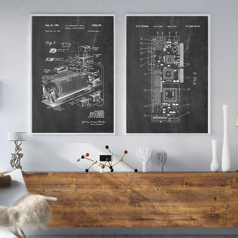 6 Buah Set Seni Dinding Paten  - Tech Office Wall Decor ulasan dan harga